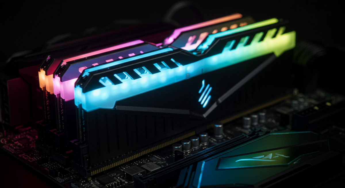 Moduli DDR6 RAM illuminati RGB su motherboard