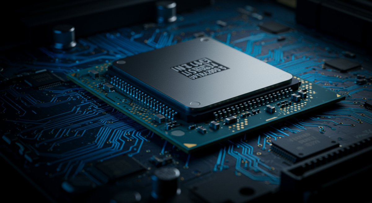 Processore Intel Core Ultra 200 su scheda madre con illuminazione studio
