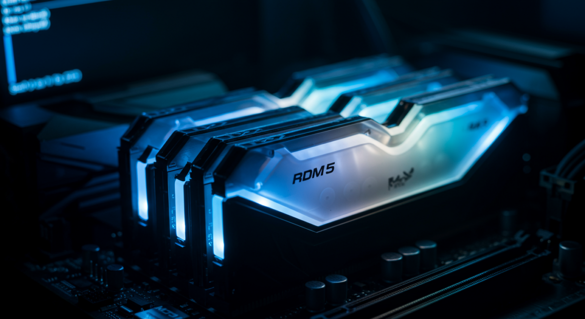 Moduli RAM DDR5 con illuminazione RGB su scheda madre con BIOS XMP visibile
