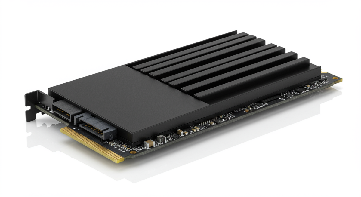 SSD NVMe PCIe 5.0 M.2 con dissipatore su sfondo bianco