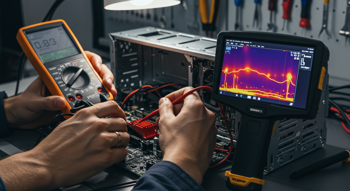Tecnico che usa strumenti diagnostici su computer aperto con telecamera termica