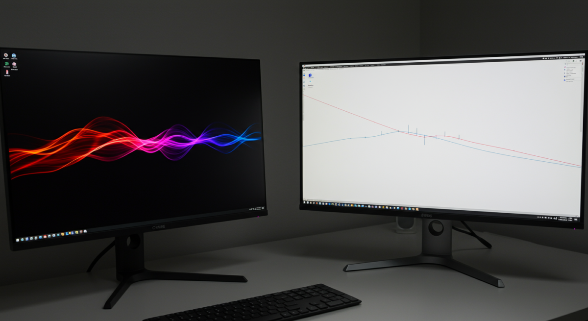 Confronto monitor OLED e Mini-LED affiancati con immagini di riferimento professionale