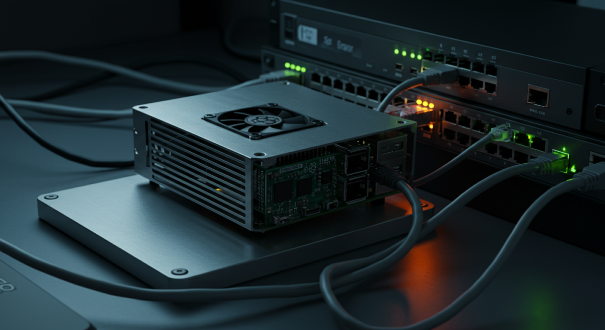 Raspberry Pi 5 in case metallico collegato a switch di rete come server domestico