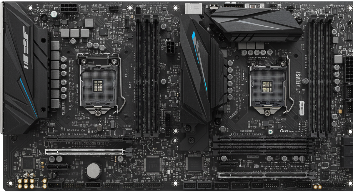 Scheda madre high-end Z890 con dissipatori VRM e slot PCIe su sfondo bianco