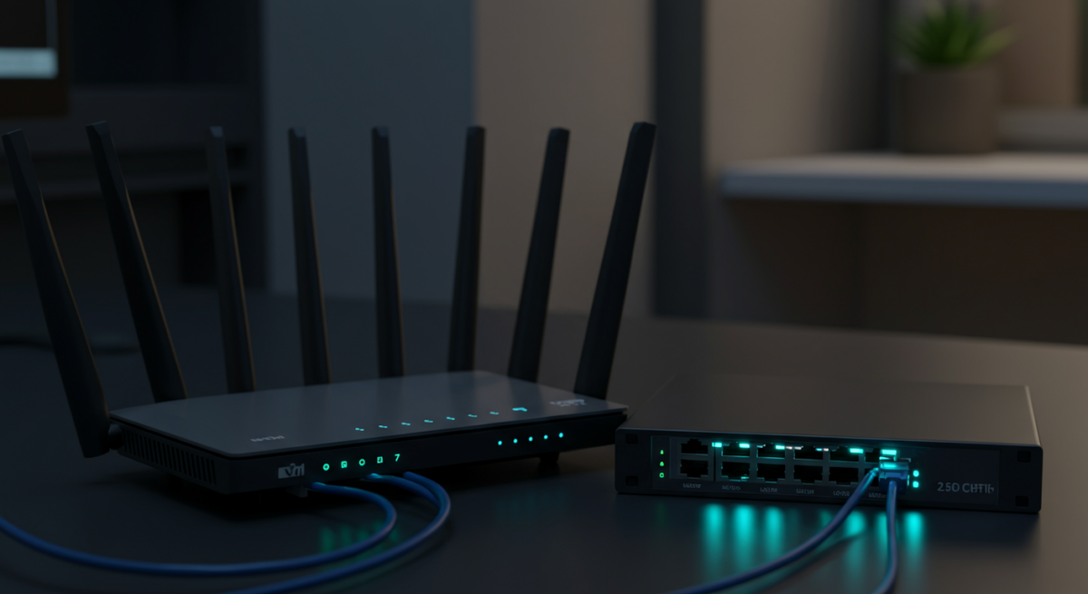 Router WiFi 7 con antenne affiancato a switch Ethernet 2.5G in setup home office moderno