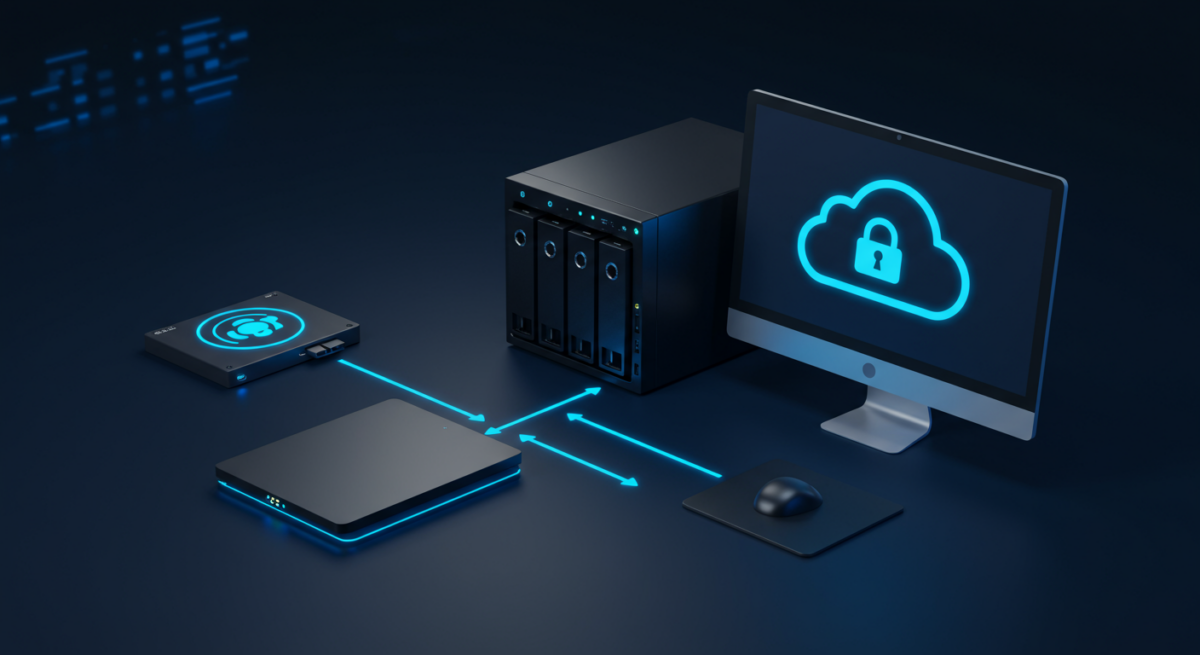 Dispositivi di storage multipli per backup: SSD esterno, NAS e cloud su sfondo scuro