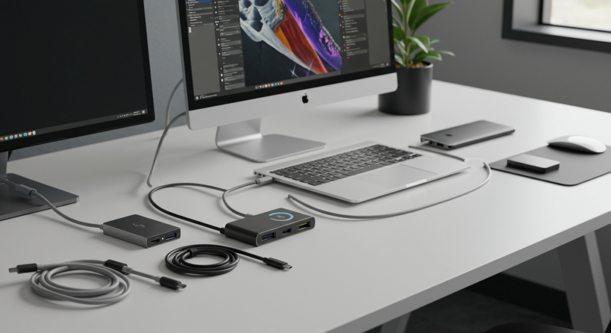 Hub Thunderbolt 4 con cavi USB-C collegati a monitor e periferiche in setup minimalista