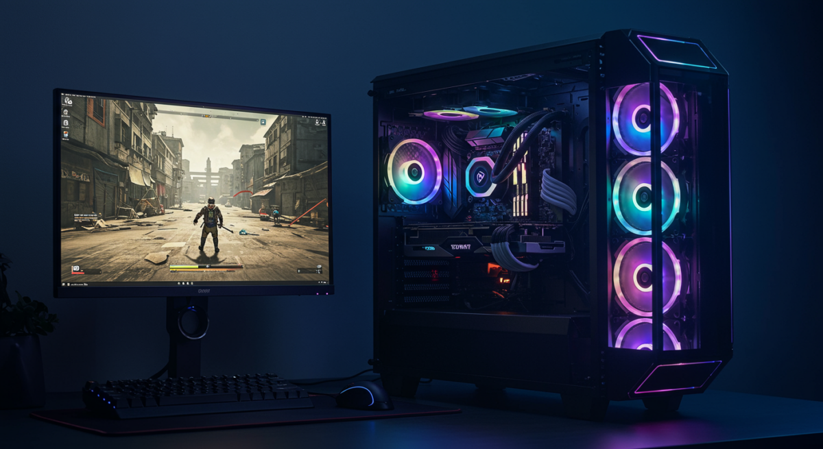 PC gaming budget in case mid-tower con ventole RGB e componenti visibili attraverso il pannello laterale