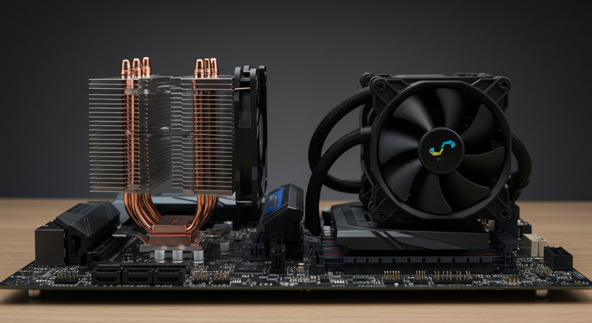 Comparativo dissipatore ad aria e AIO a liquido su test bench con componentistica visibile
