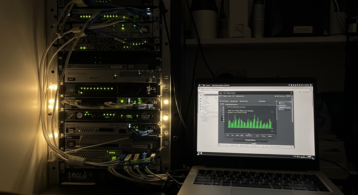 Server domestico con Proxmox VE visibile su schermo laptop, rack con dischi e cavi di rete