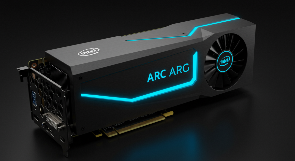 Scheda video Intel Arc A770 con illuminazione blu su sfondo scuro in stile fotografico professionale