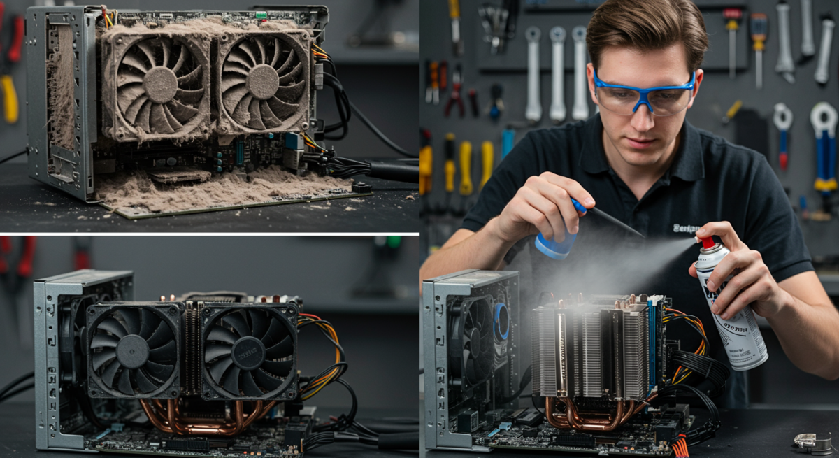 Tecnico che pulisce componenti PC con aria compressa, rimozione polvere da dissipatore e ventole