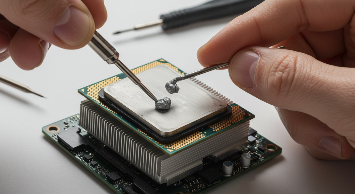 Mani che applicano pasta termica su CPU IHS con quantità precisa in area di lavoro pulita