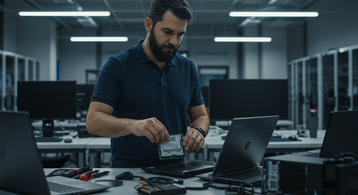 Tecnico IT aziendale che installa SSD in laptop business in ambiente corporate con più workstation