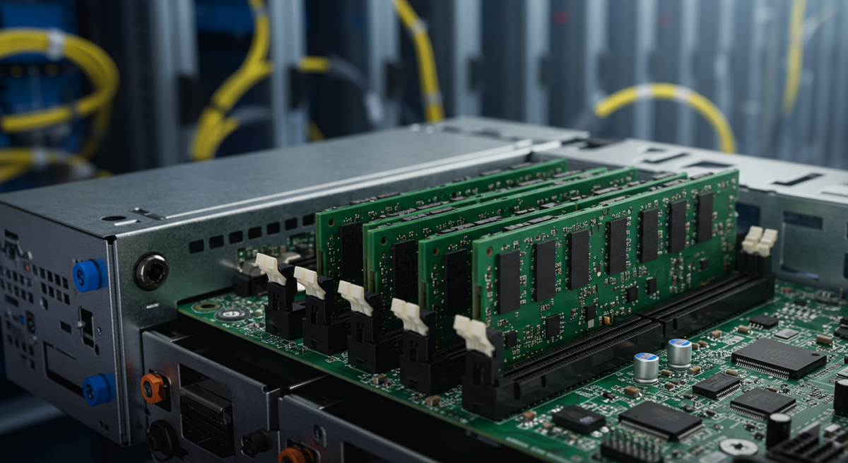 Moduli RAM ECC Registered in scheda madre server con slot DIMM visibili in ambiente data center