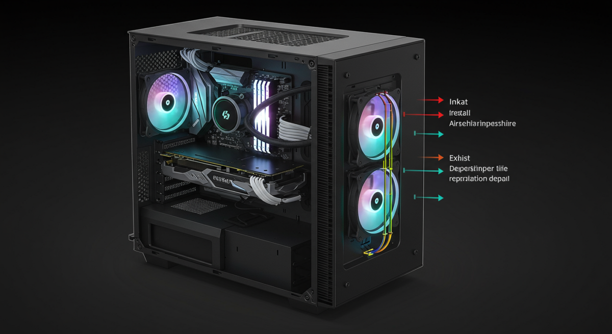 Case PC con configurazione airflow ottimale, frecce che mostrano direzione flusso d'aria con ventole visibili