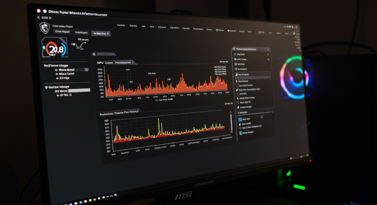 Software MSI Afterburner su schermo con impostazioni overclock GPU e grafici di temperatura