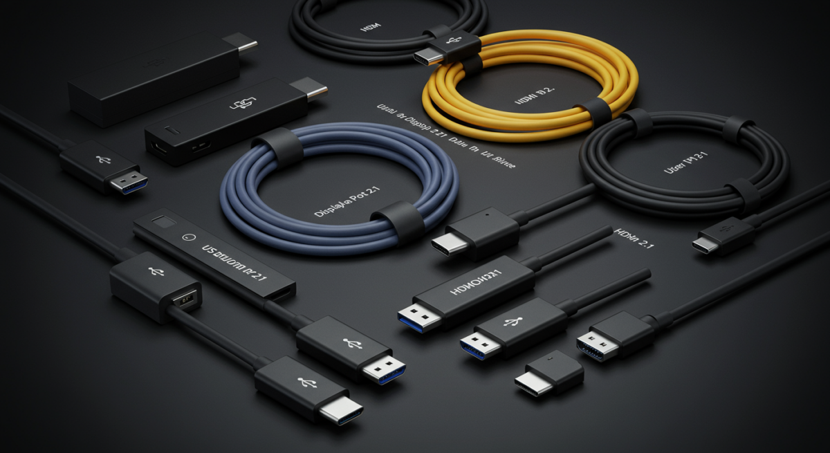 Assortimento cavi USB-C, HDMI 2.1 e DisplayPort 2.1 disposti su superficie scura con etichette visibili