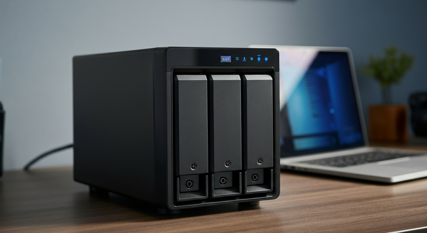 NAS domestico 4 bay su scrivania con LED blu accesi